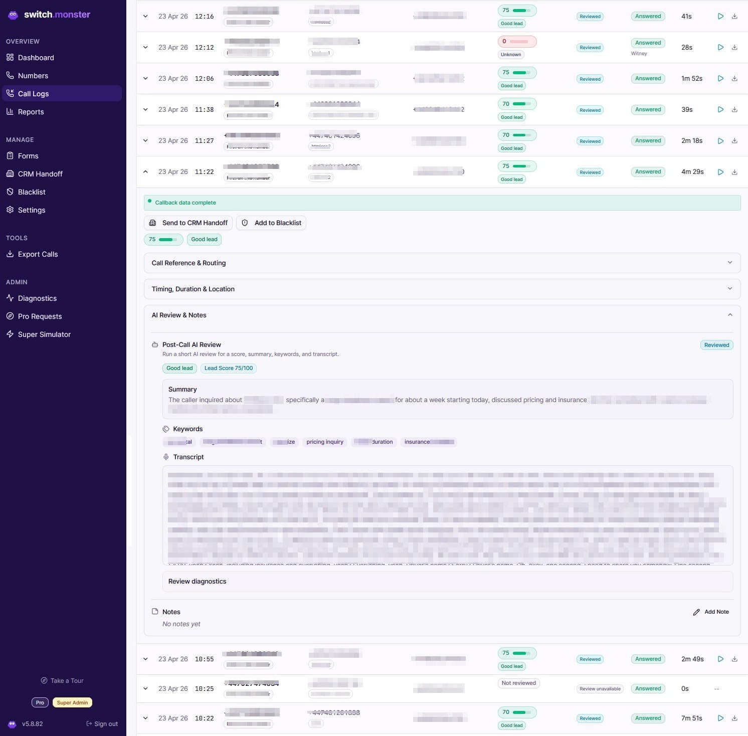 switch.monster call logs interface showing answered calls, scoring, AI review, routing, and transcript context